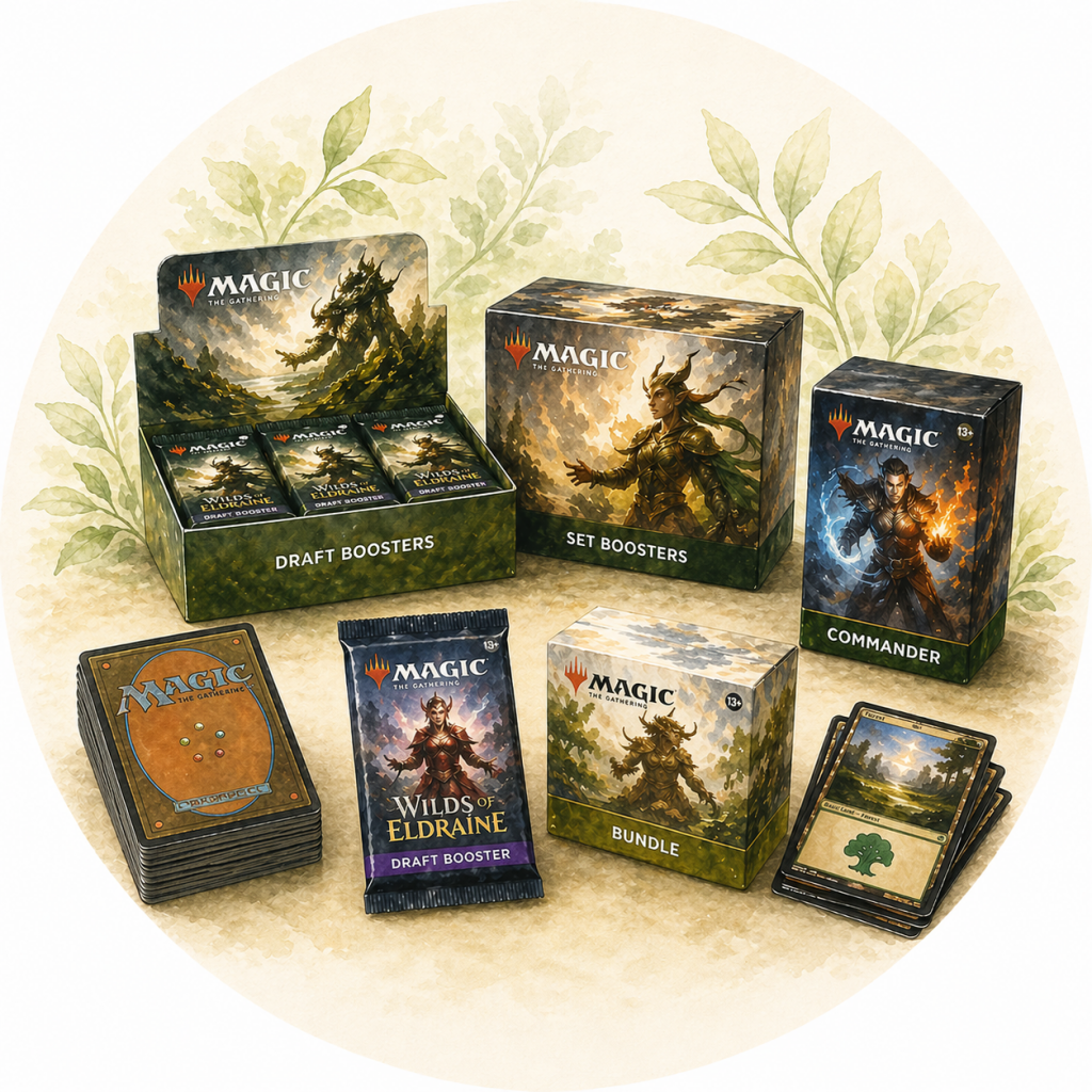 Unterschiedliche Magic Karten Produkttypen wie Booster, Displays und Bundles