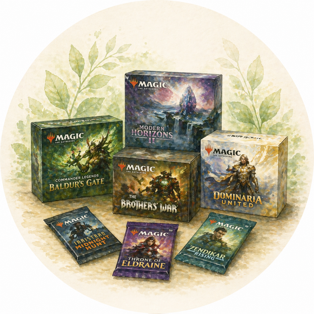 Magic Karten Displays verschiedener Sets und Editionen im Vergleich
