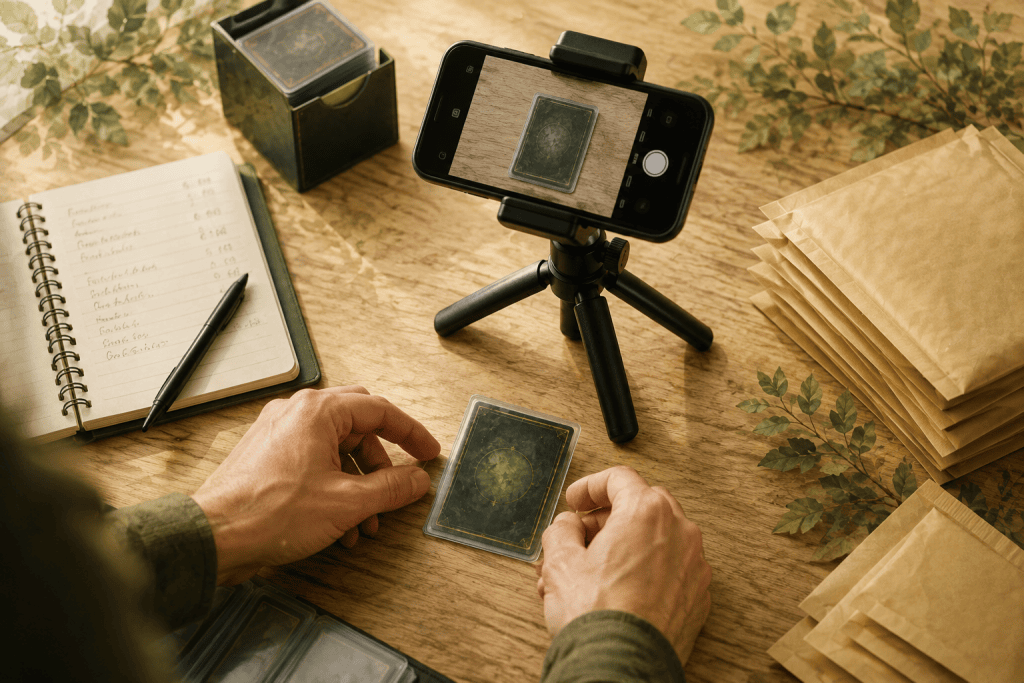 Magic-Einzelkarten werden für den Verkauf auf Cardmarket sortiert und fotografiert